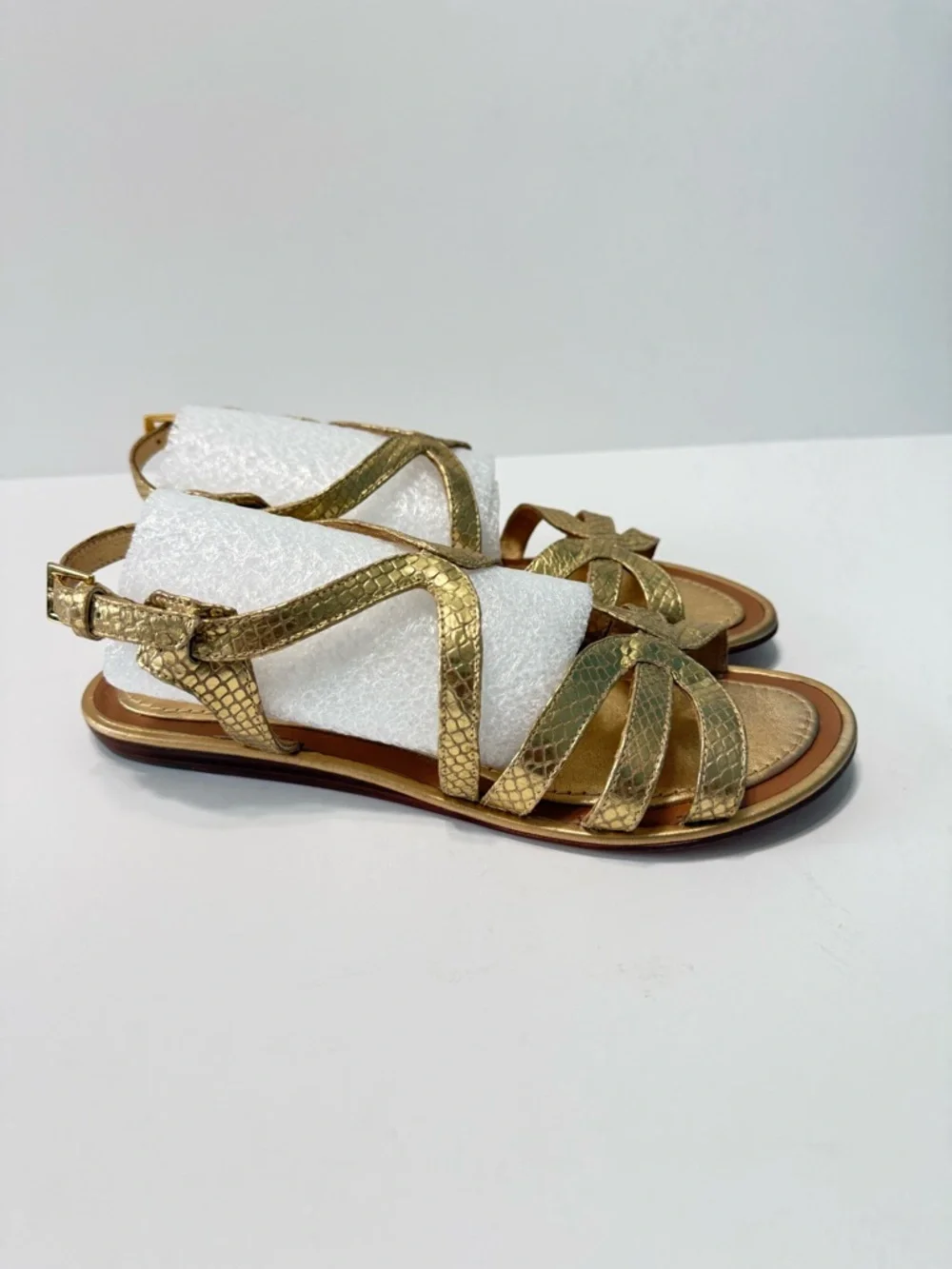 Kate Spade Gold Metallic Snake Embossed Strappy Flat Sandals Ankle Strap Size 8M
